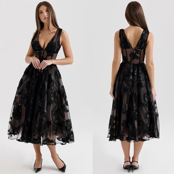 House of CB Sianna Black Embroidered Tulle Corset Midi Dress S - Picture 8 of 9